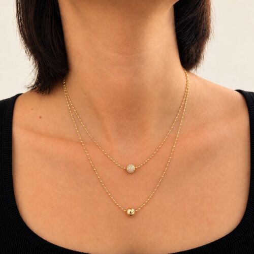 Fully Design 14K Altın Kaplama Taşlı ve Düz Top Detaylı Çift Katlı Kolye