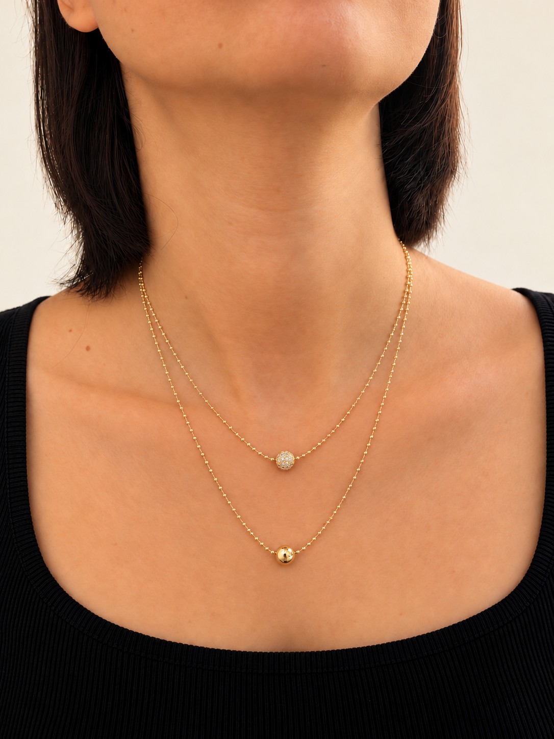 Fully Design 14K Altın Kaplama Taşlı ve Düz Top Detaylı Çift Katlı Kolye