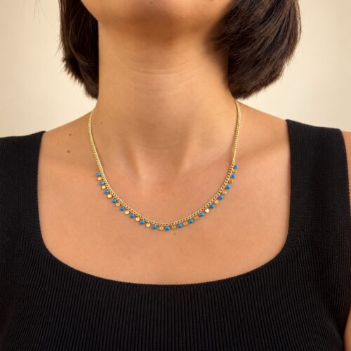 Fully Design 14K Altın Kaplama Mavi Mineli Pul Gurmet Zincir Kolye