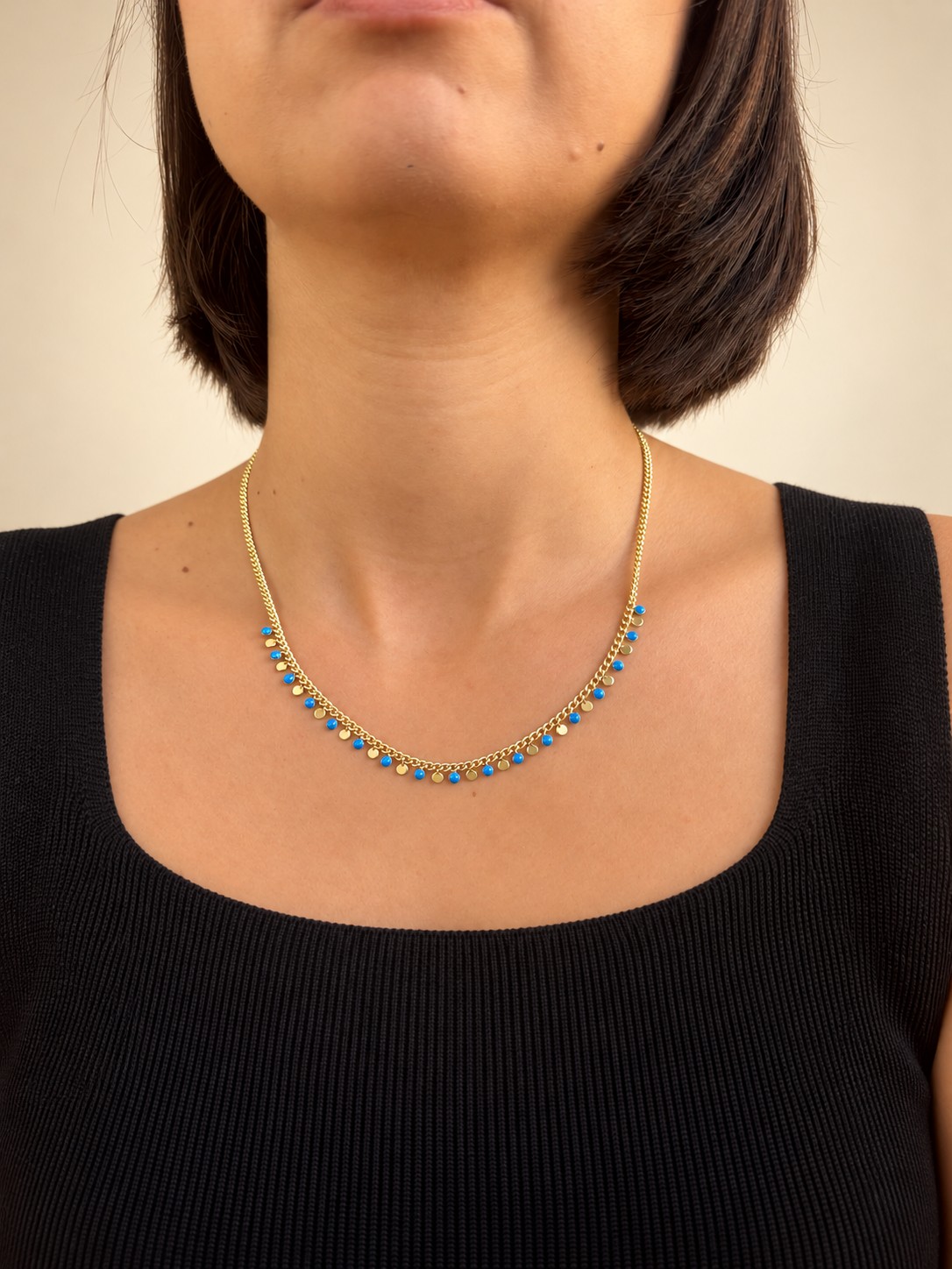 Fully Design 14K Altın Kaplama Mavi Mineli Pul Gurmet Zincir Kolye