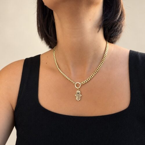 Fully Design 14K Altın Kaplama Kalın Gurmet Zincir Fatma Ana Eli (Hamsa) Kolye